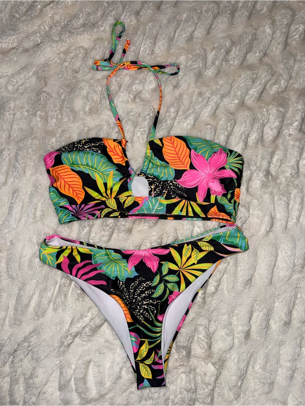Tropical Floral Bandeau Bikini Set - Black with Pink, Orange & Green